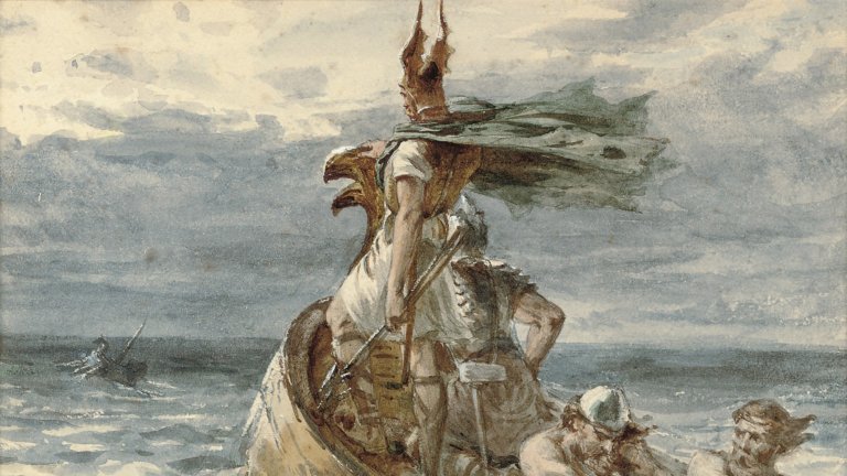 Painting of horned Viking at bow of ship looking off at the ocean while two others row behind him.