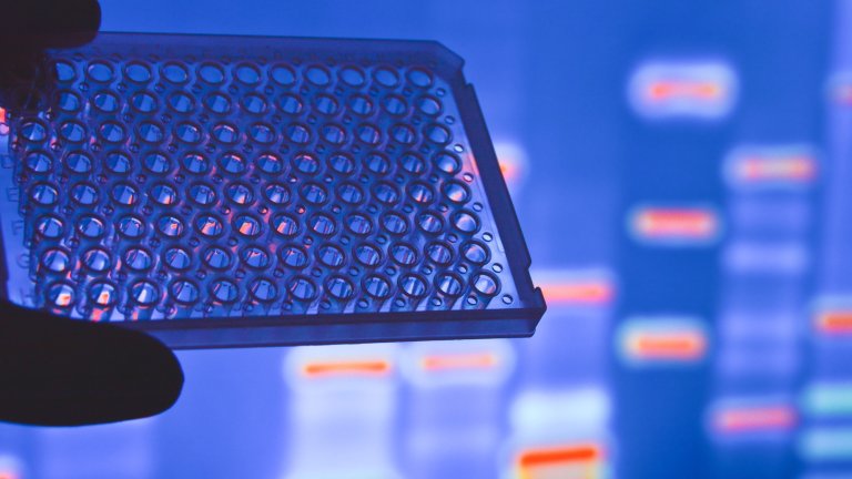 A person’s gloved hand holds up a clear 96-well laboratory microplate against a glowing blue background. In the blurred distance, a screen displays bright orange and white horizontal bands, resembling a DNA electrophoresis gel or genetic sequence visualization.