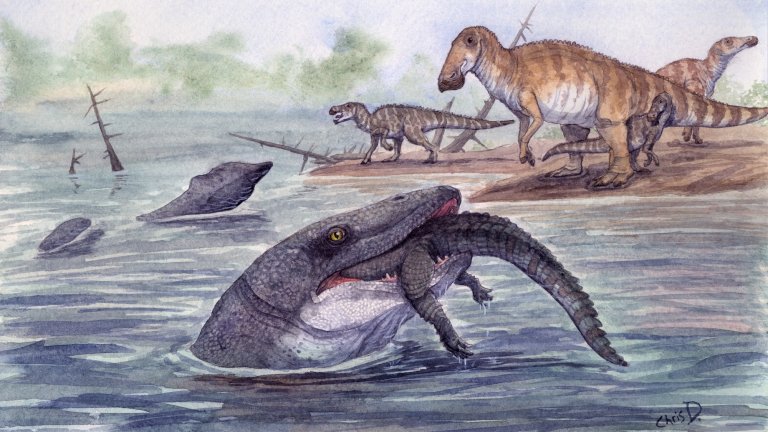 Mosasaur eating prey in water with dinosaurs behind it
