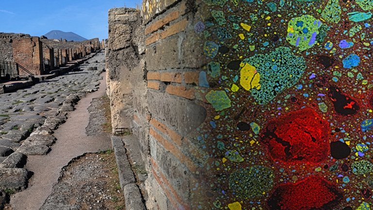 An ancient Pompeii wall at a newly excavated site, where Associate Professor Admir Masic applied compositional analysis (overlayed to right) to understand how ancient Romans made concrete that has endured for thousands of years.