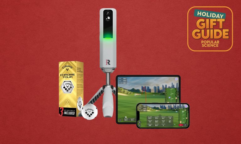 Rapsodo MLM2PRO Golf Launch Monitor on a red holiday gift guide background