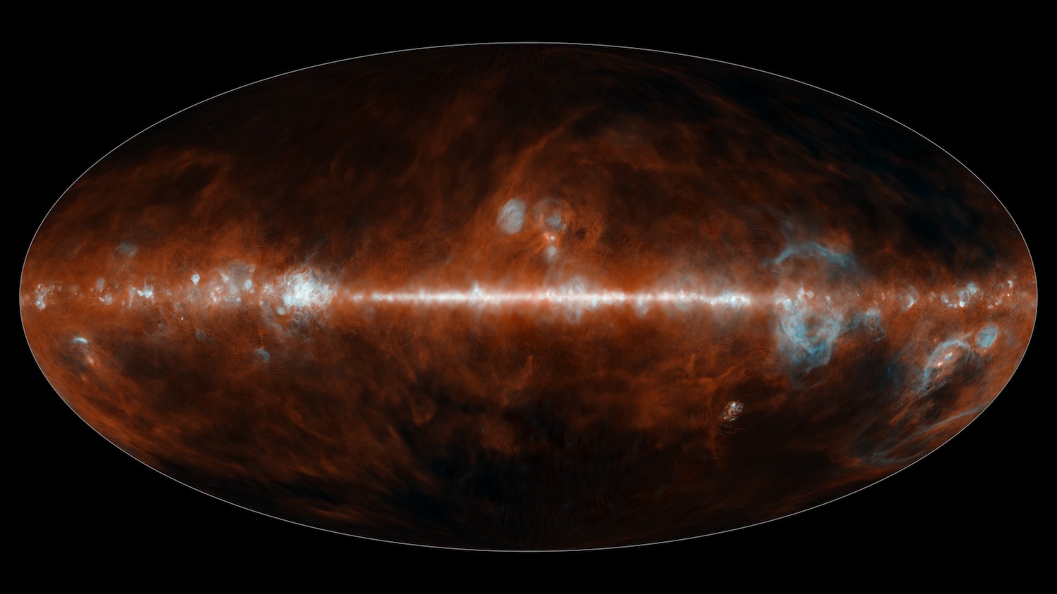 The infrared colors emitted primarily by dust (red) and hot gas (blue), key ingredients for forming new stars and planets, are seen in this SPHEREx image. Though these clouds of material cover a massive portion of the sky, they are invisible in most w... Credit: NASA/JPL-Caltech