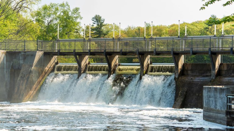 Water flowing through the Hamlin Lake Dam in Ludington Michigan.