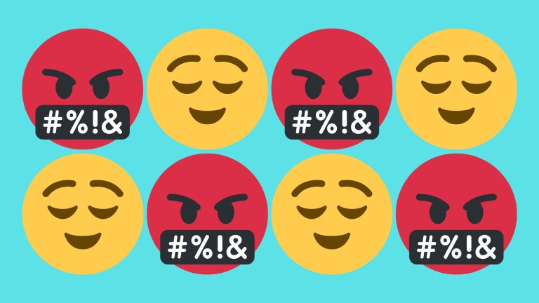 Swearing and smiling emojis side by side on blue background