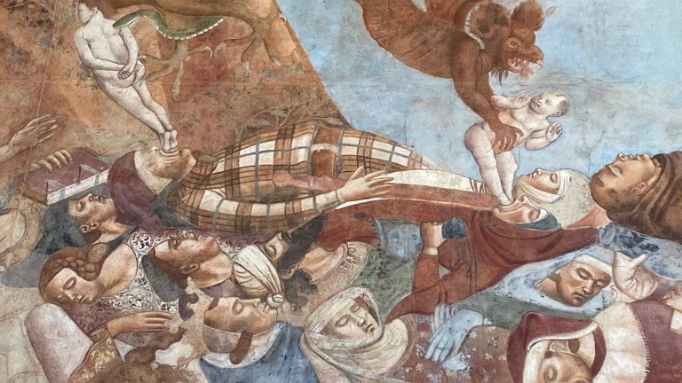Photograph of the fresco Trionfo della Morte, taken at its original location in the Camposanto Monumentale in Pisa. The fresco, known as the “Triumph of Death” and attributed to the painter Buonamico Buffalmacco, is not precisely dated; scholarly estimates range from 1335 to 1350. While it does not depict the Black Death explicitly, the selected detail shows victims of an epidemic from diverse social backgrounds, their souls carried off by demons.