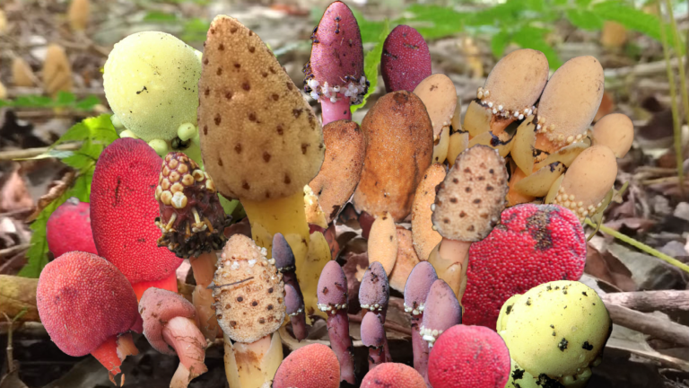 several red and beige mushroom-like plants growing at the base of a tree