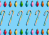 white candy canes with pink, red, yellow, green, and blue stripes in a line on a blue background with large christmas light bulbs of the same color