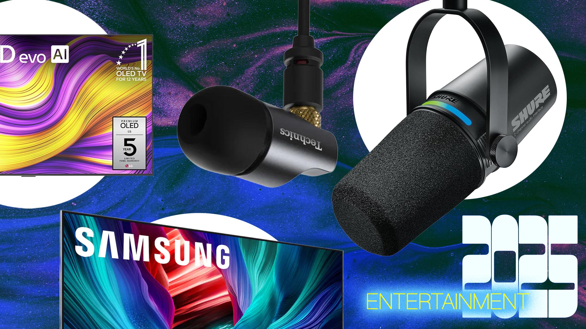 tvs, microphones, and headphones