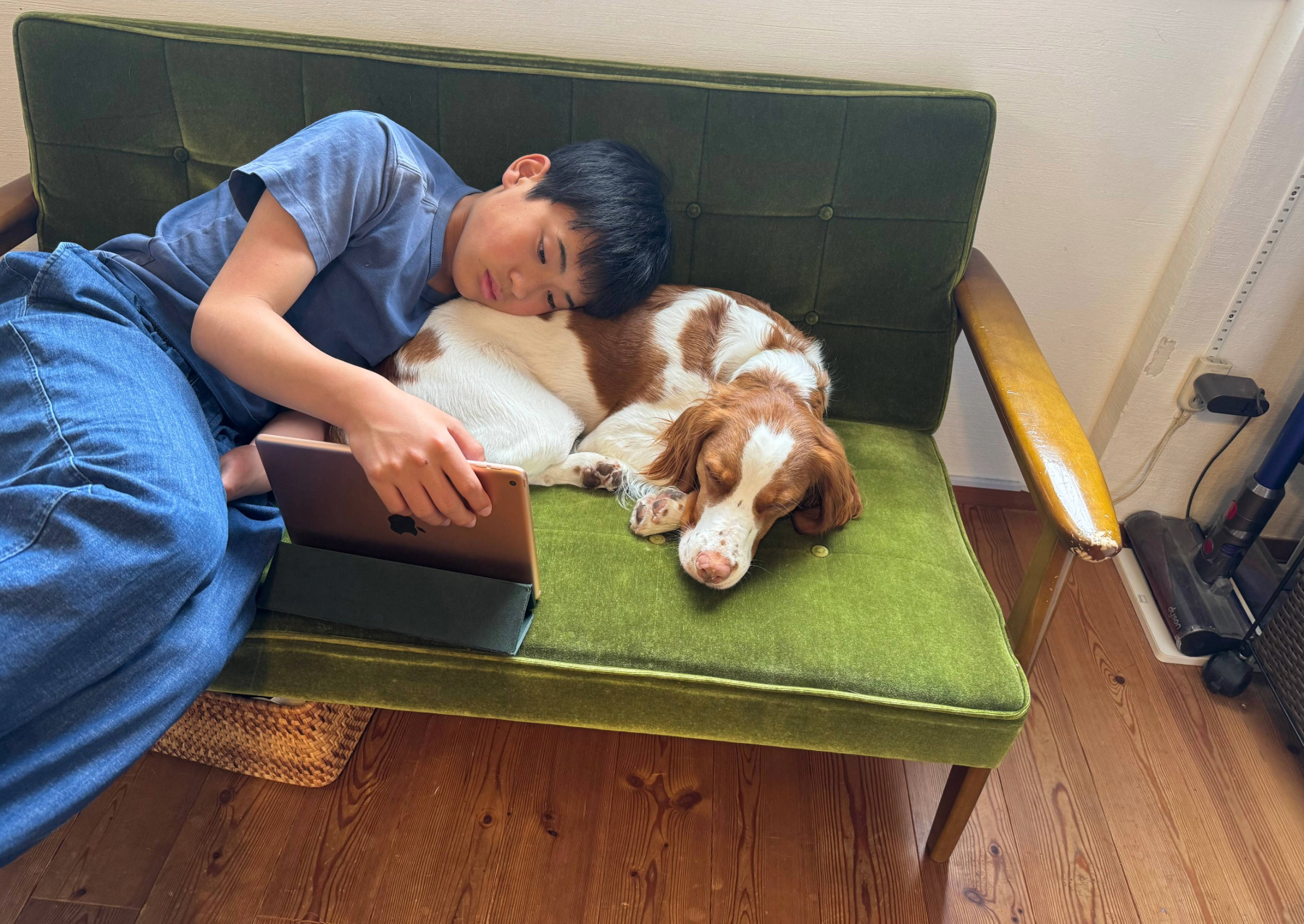 a teenage boy on an ipad with a dog