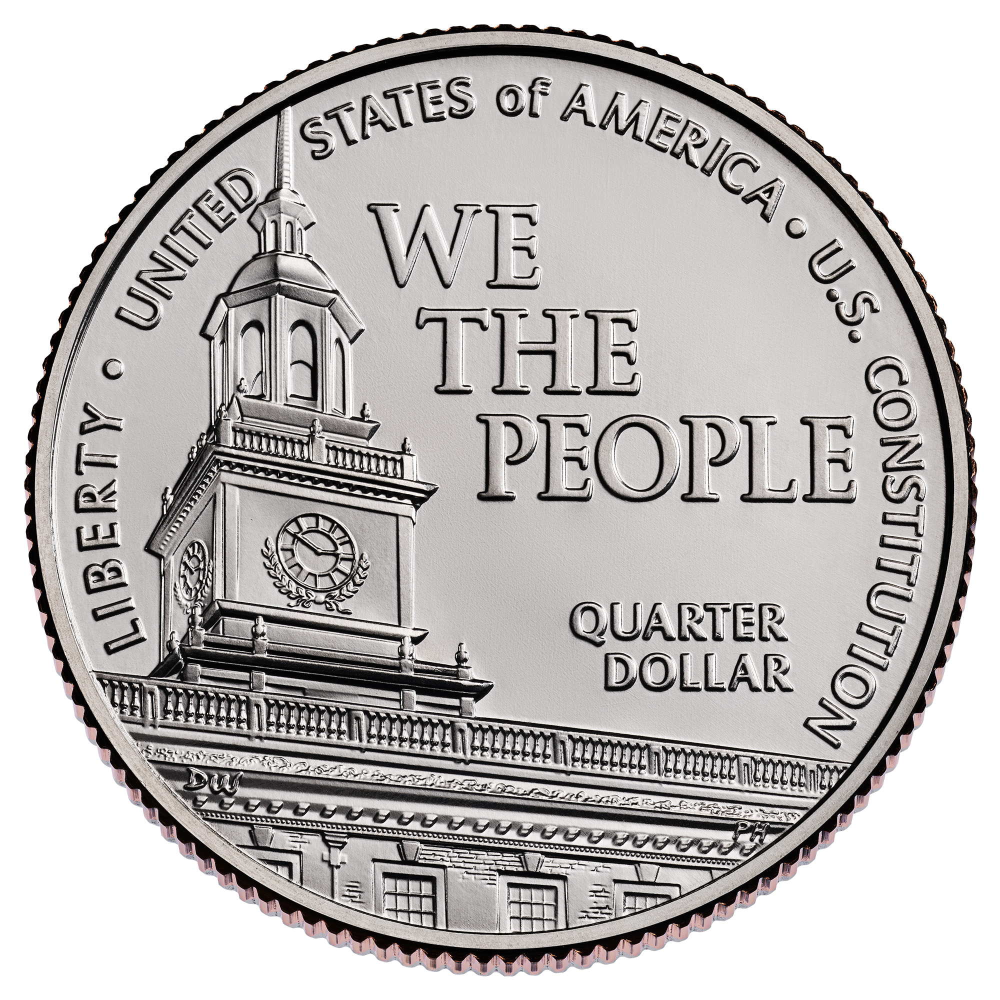 quarter with independence hall and worlds "we the people"