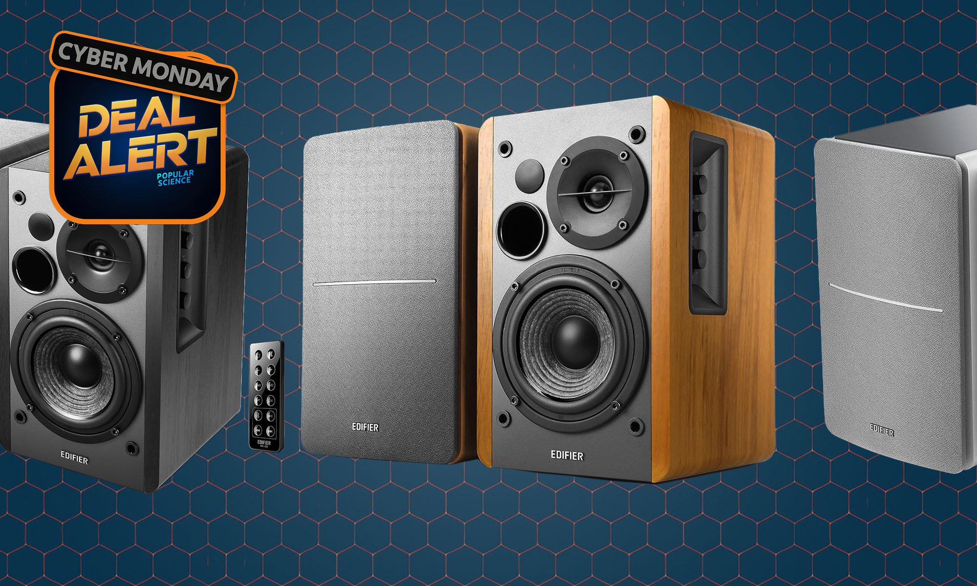 Edifier 1280DB powered desktop speakers on a dark blue Cyber Monday background