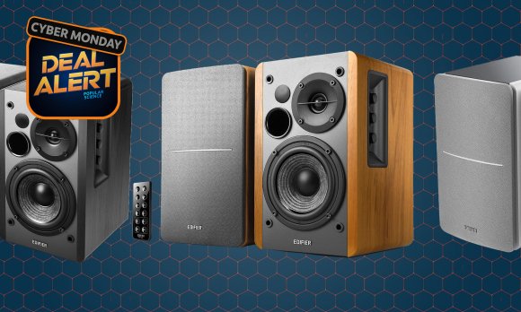 Edifier 1280DB powered desktop speakers on a dark blue Cyber Monday background