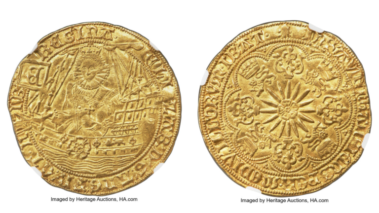 a gold coin with a ship and queen elizabeth i etched into it
