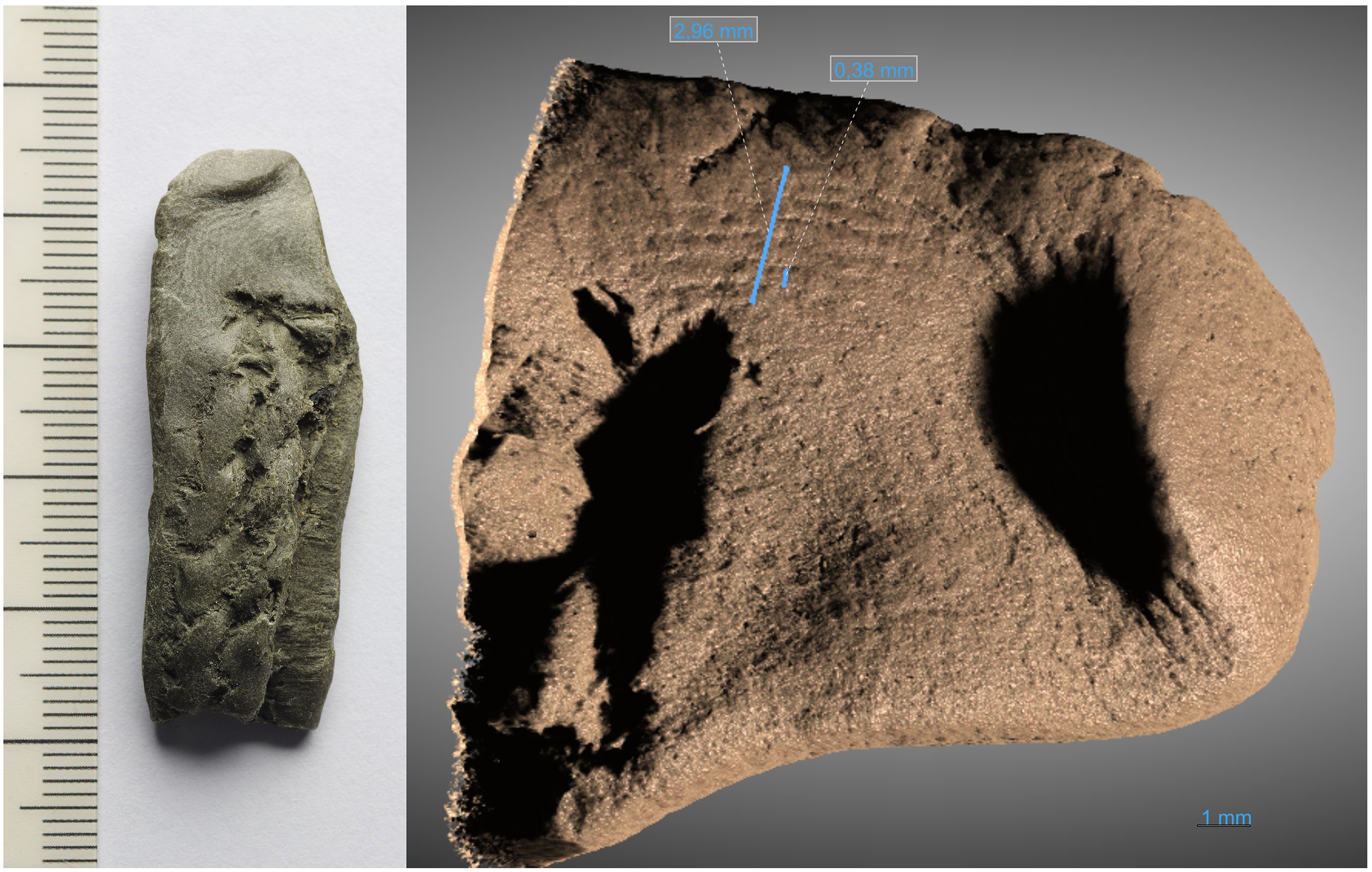 Photo of caulking fragment showing fingerprint on the left and high-resolution x-ray tomography scan of fingerprint region on the right. Image: Fauvelle et al., 2025, PLOS One/Photography by Erik Johansson, 3D model by Sahel Ganji.