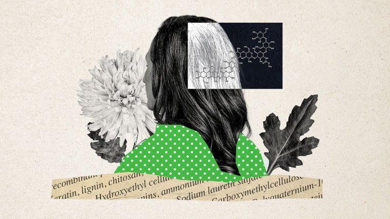 An artistic, mixed-media collage with a vintage aesthetic, set against a light beige textured background. The central figure is the back of a woman’s head with long, dark wavy hair. A rectangular cutout on the back of her head reveals a black-and-white sketch of hair strands overlaid with a complex white chemical molecular structure. The woman wears a bright green garment with white polka dots, rendered in a flat, paper-cut style. Surrounding the figure are botanical elements: a large, light-colored chrysanthemum-like flower to the left and a dark, serrated leaf to the right. At the bottom, a torn strip of aged paper features a list of ingredients in a serif font, including "keratin, lignin, chitosan," "Hydroxyethyl cellulose," and "Sodium laureth sulfate."