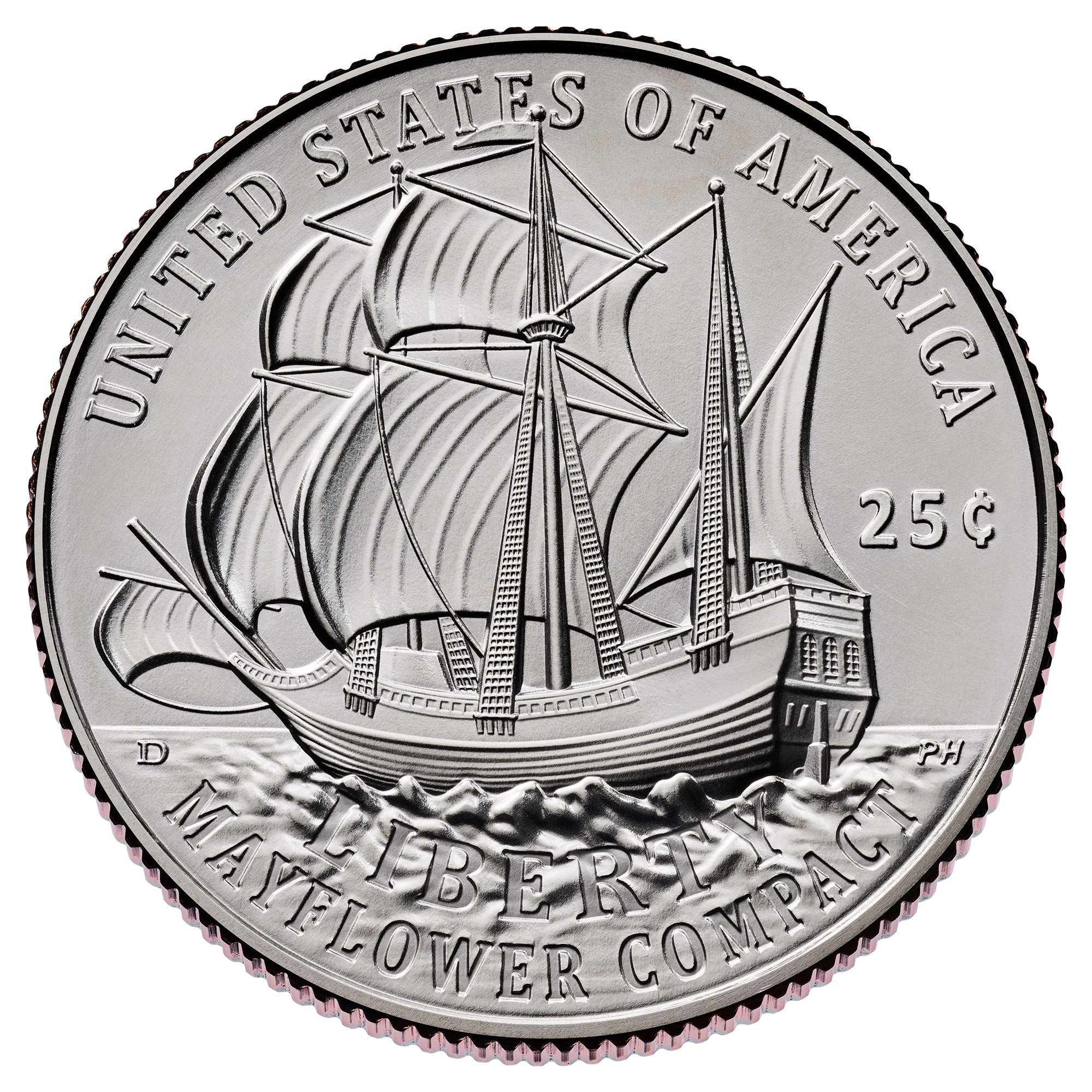 quarter with a drawing of a ship with full sails