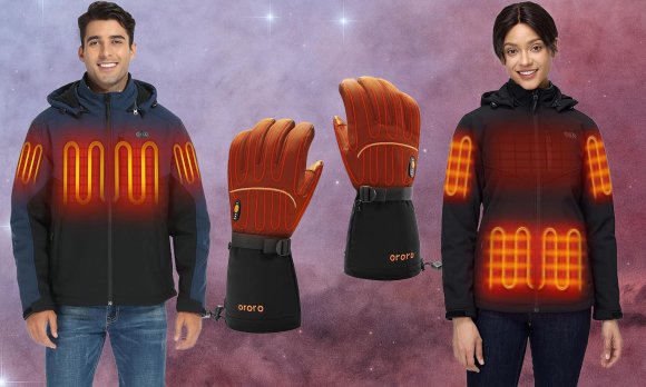 a man and woman wearing ororo heated gear with heated gloves