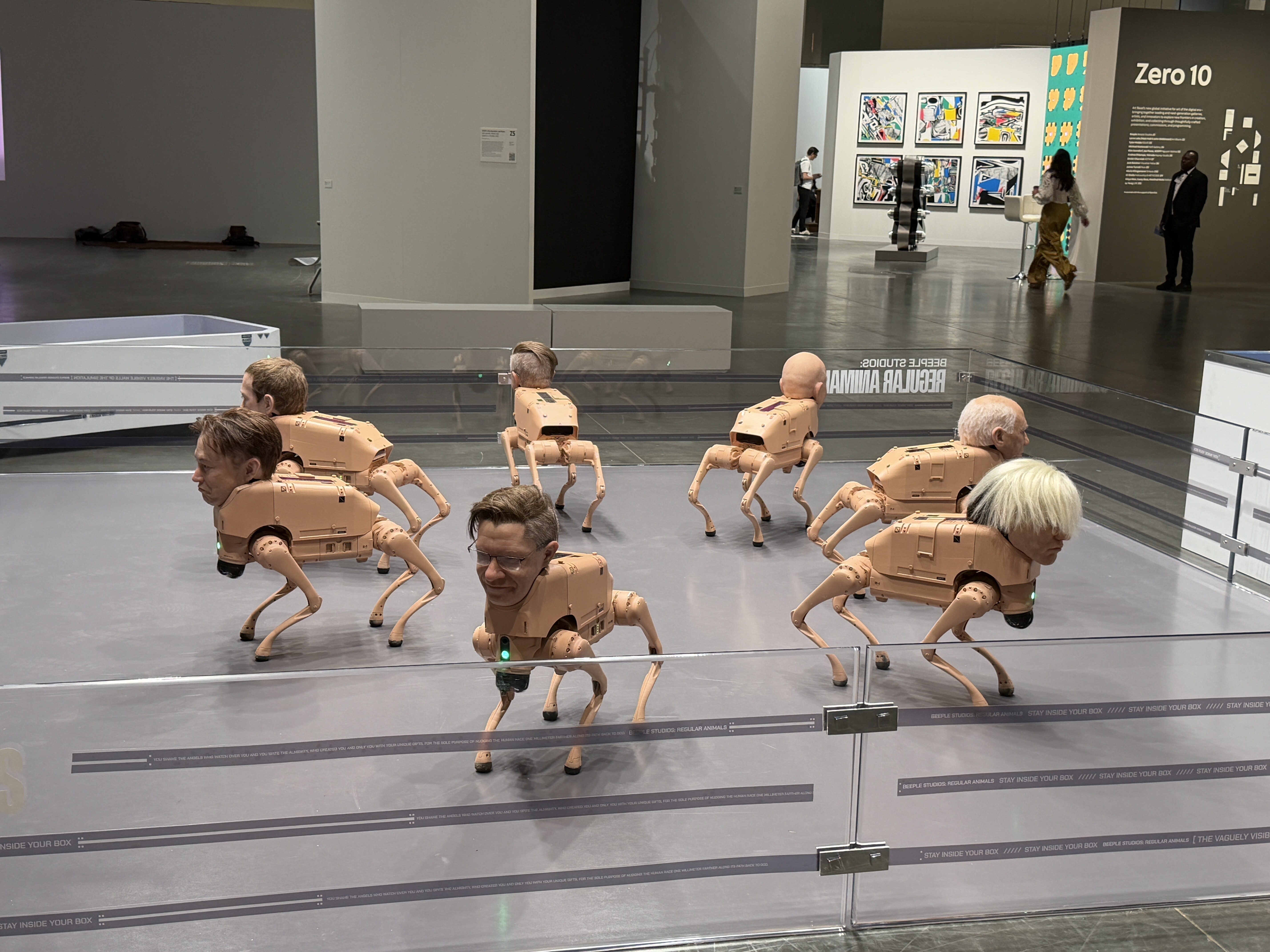 a group of robot dogs with human heads