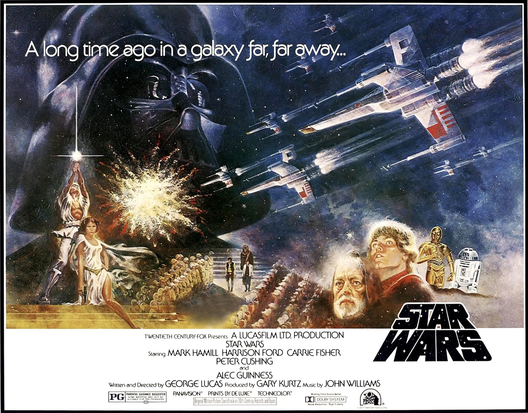 Star Wars, lobbycard, (aka : EPISODE IV - A NEW HOPE), US poster art, Darth Vader, Carrie Fisher, Alec Guinness, Mark Hamill, C-3PO, R2-D2, 1977. (Photo by LMPC via Getty Images)
