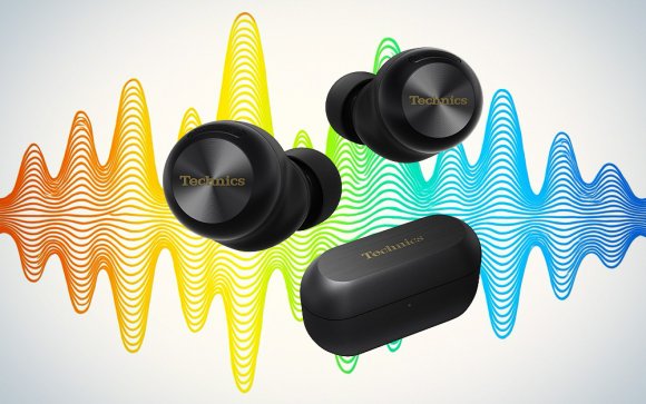 Black Technics EAH-AZ100 True Wireless Earbuds against a colorful sine wave background