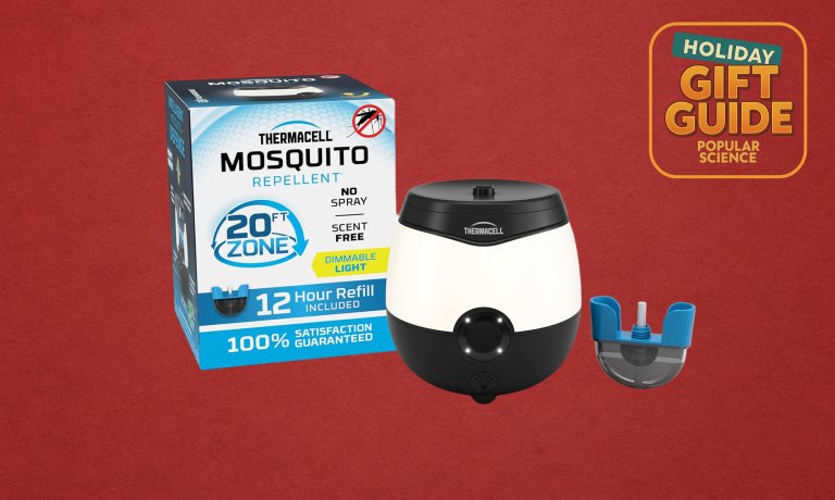 thermacell E-Series Rechargeable Mosquito Repeller on a red holiday gift guide background