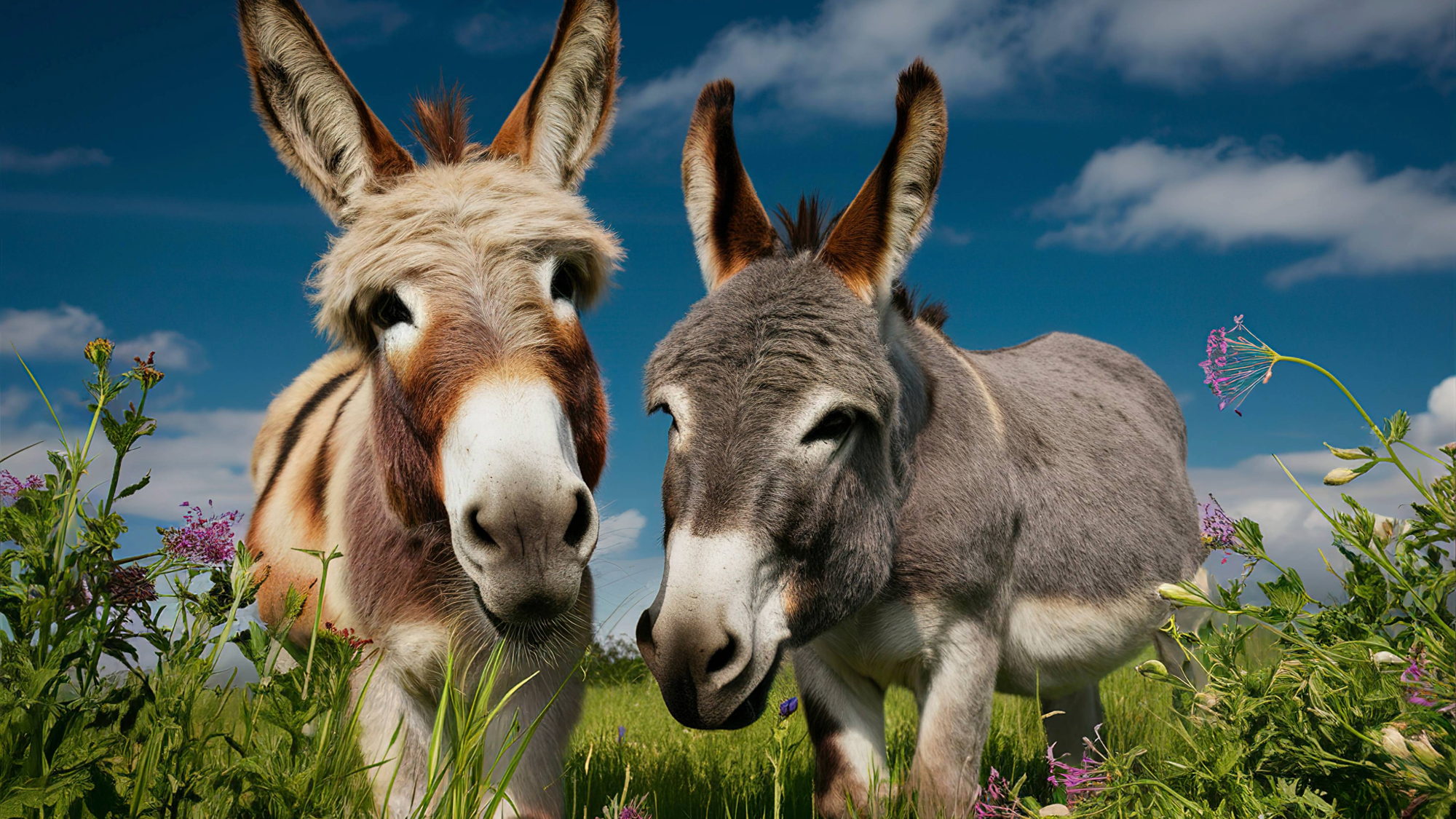 two donkeys looking directly at the camera in a green field with a blue sky