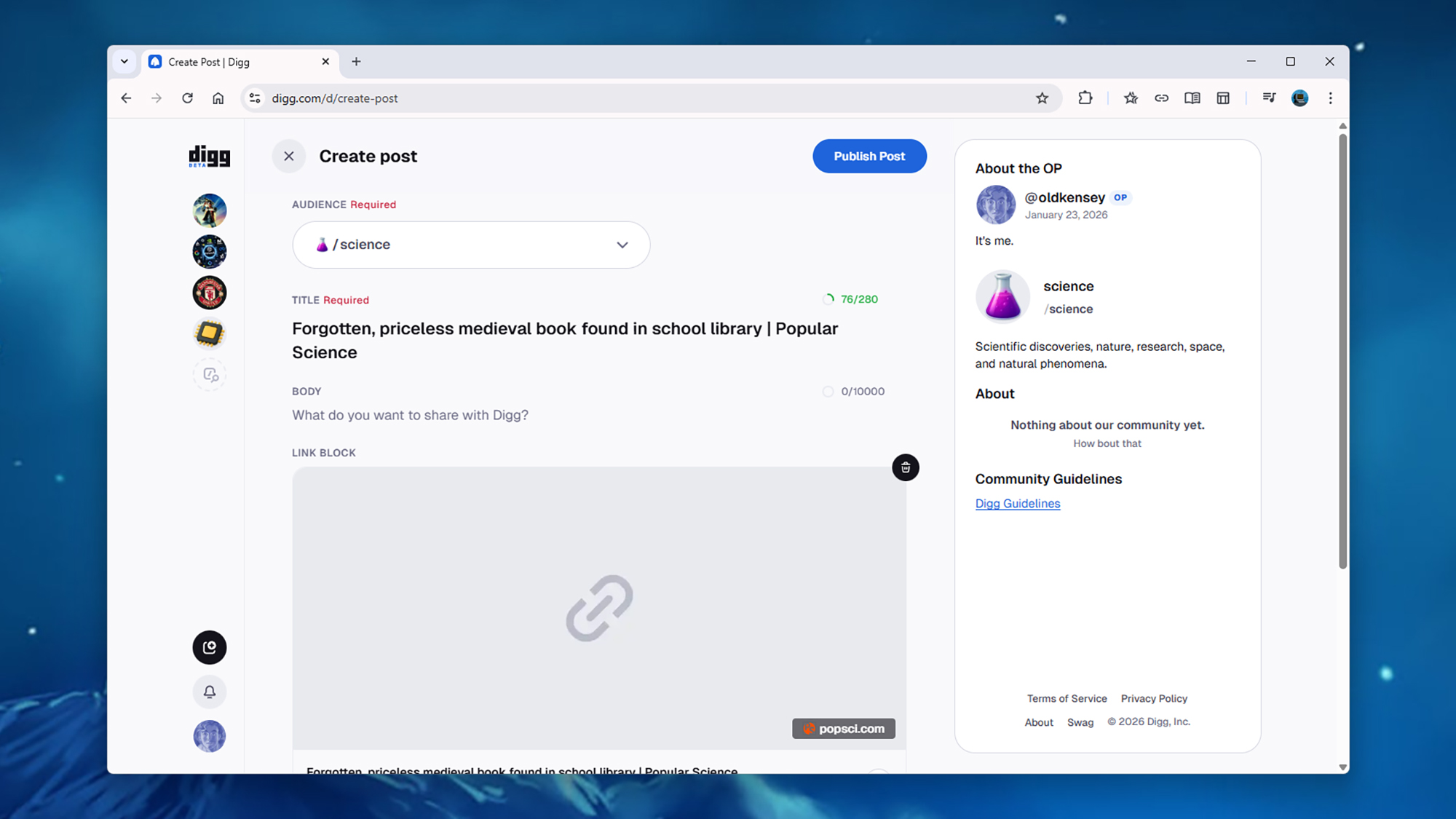 screenshot of create post options on Digg