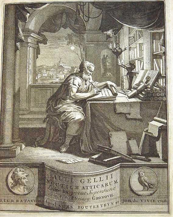 An etching showing a elderly man in a classical setting writing by oil lamp in a office. There are scrolls and pieces of paper scattered about, books on shelves and on the floor. A window outside shines over an urban scene.