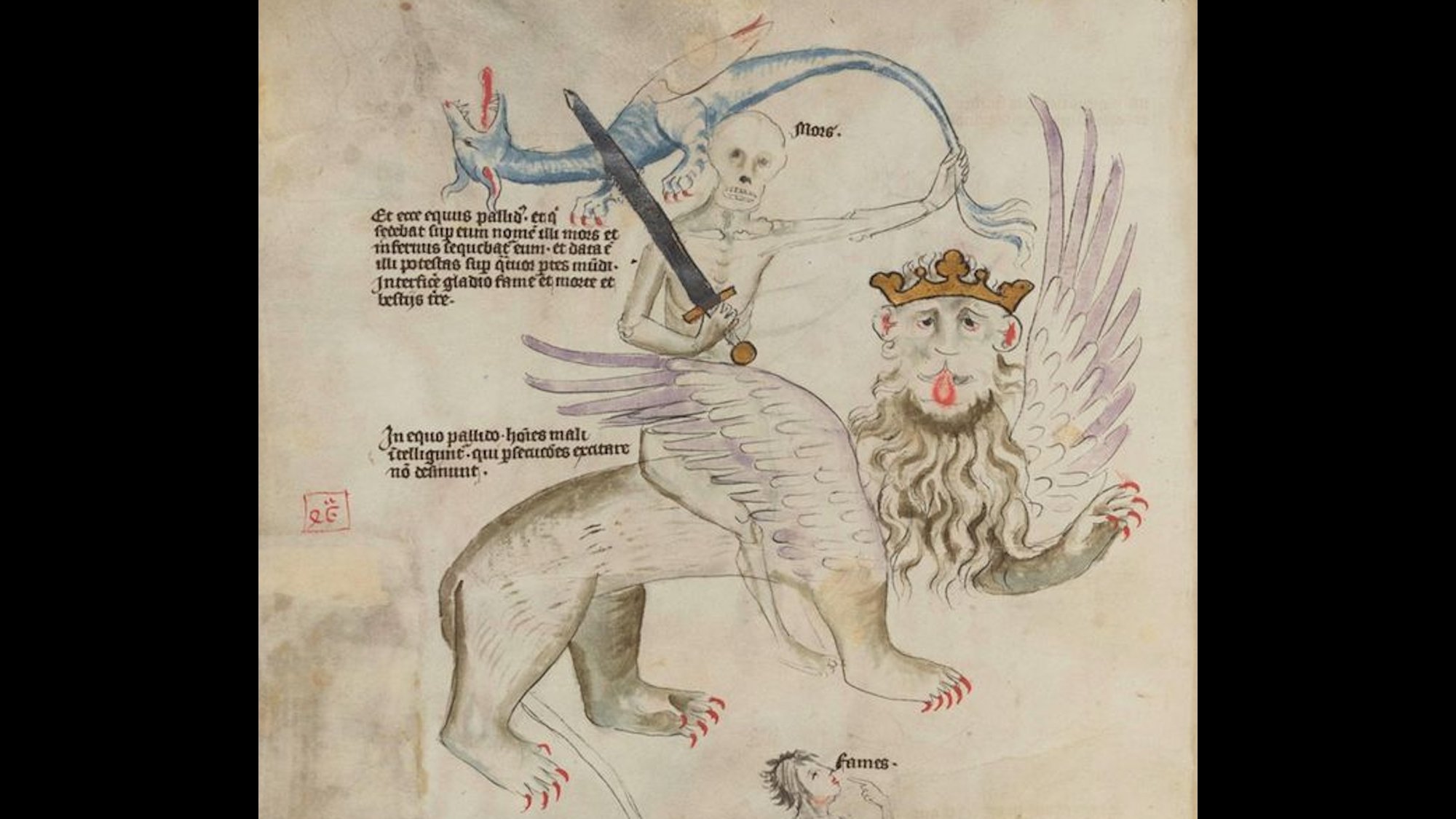 Depiction of the fourth horseman of the apocalypse, Death, riding a mythical creature, presumably a winged lion. Below him is a personification of famine (Fames), pointing to her open mouth. The depiction was created in Erfurt in the mid-14th century; the connection to Neuses may be drawn due to the date – St. Mark’s Day – of the annual memorial procession leading to the mass grave. Source: Klassik-Stiftung Weimar