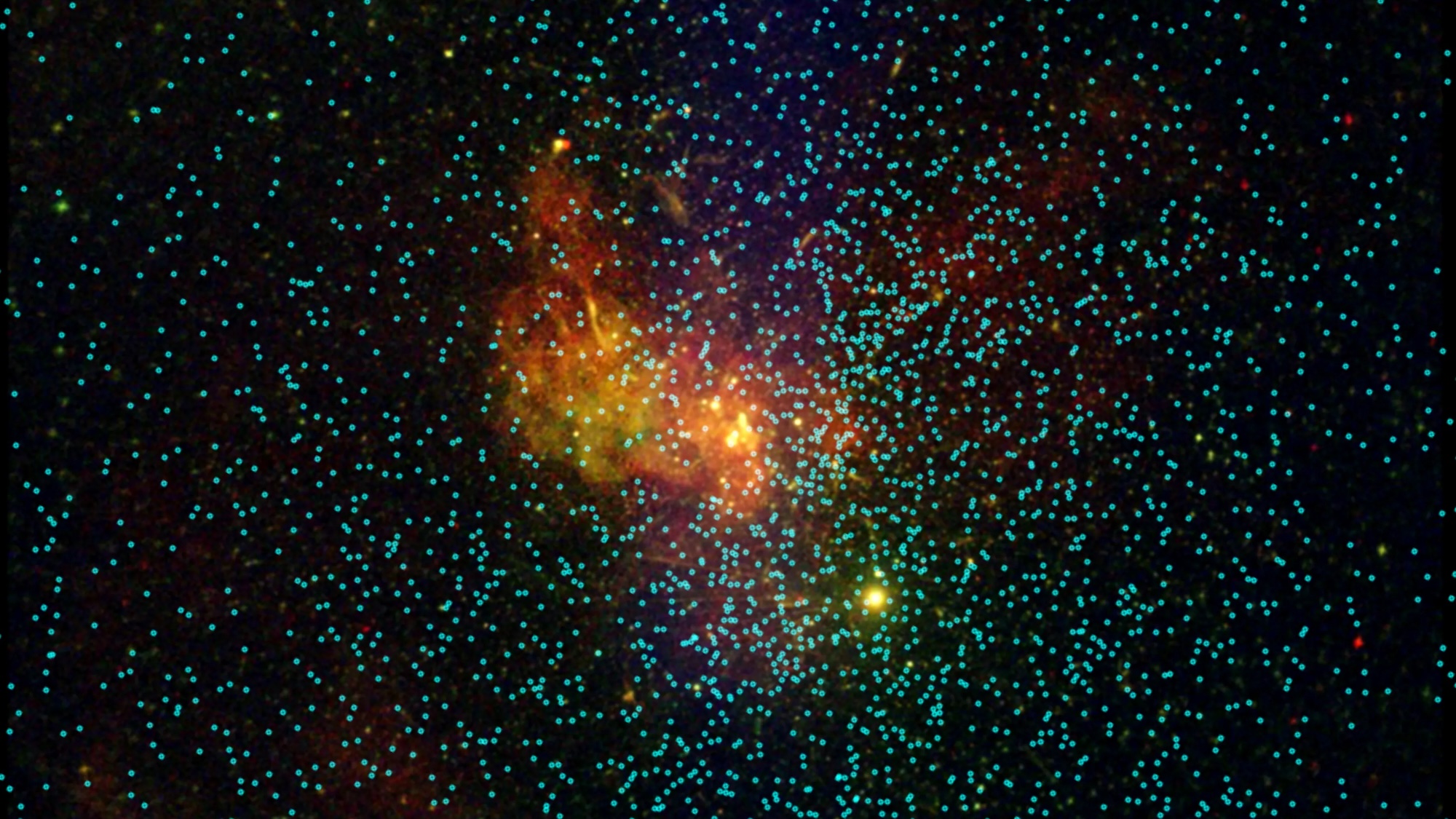 This image is the sum of 86 observations added together, representing over three million seconds of Chandra observing time. It spans just about 60 light-years across, which is a veritable pinprick on the entire sky. The underlying image contains lower-, medium-, and higher-energy X-rays in red, green, and blue respectively. The annotations on the image show where Chandra has detected over 3,300 individual sources in this field of view over a 22-year timeframe.