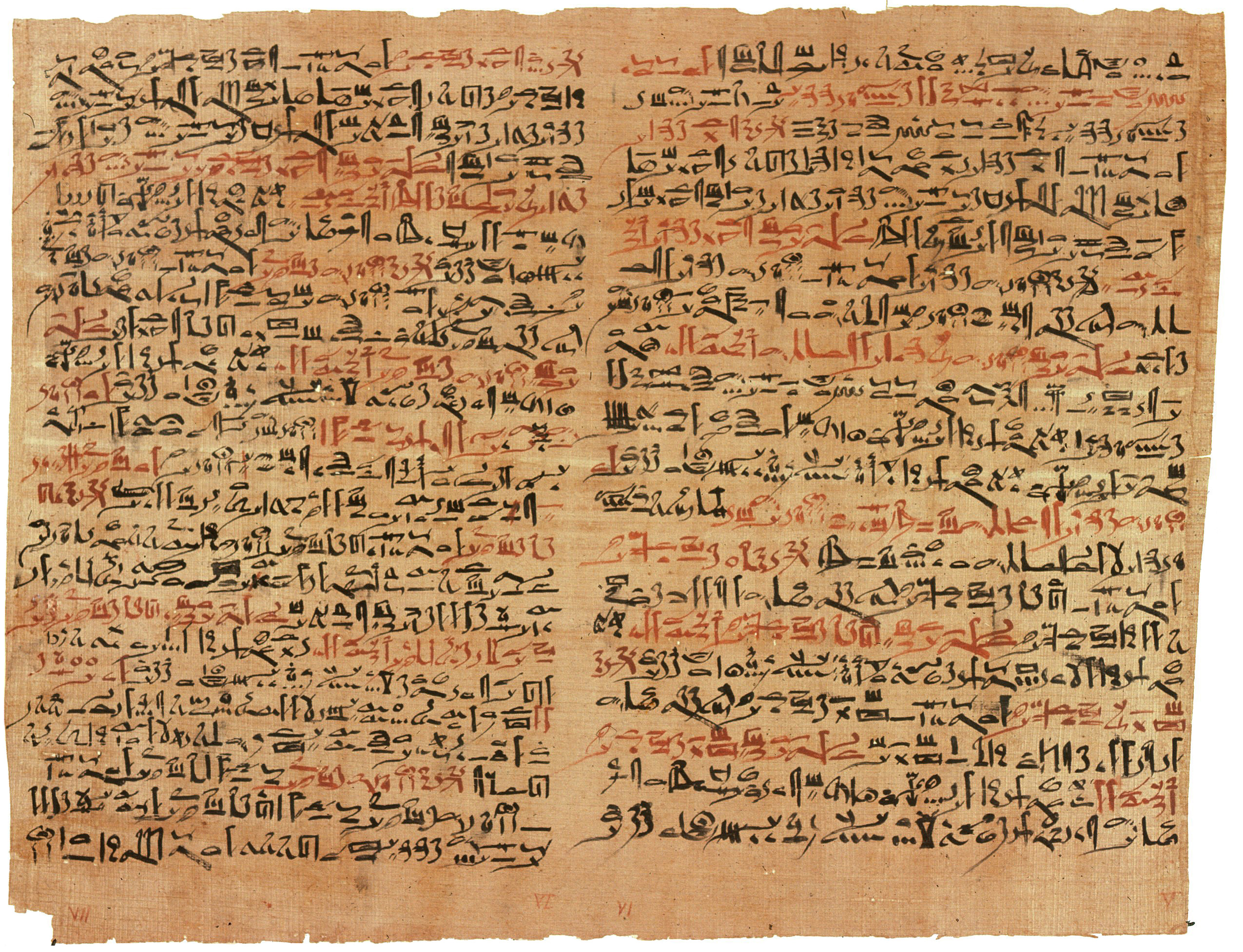 An tan piece of papyrus showing red and black Egyptian script.