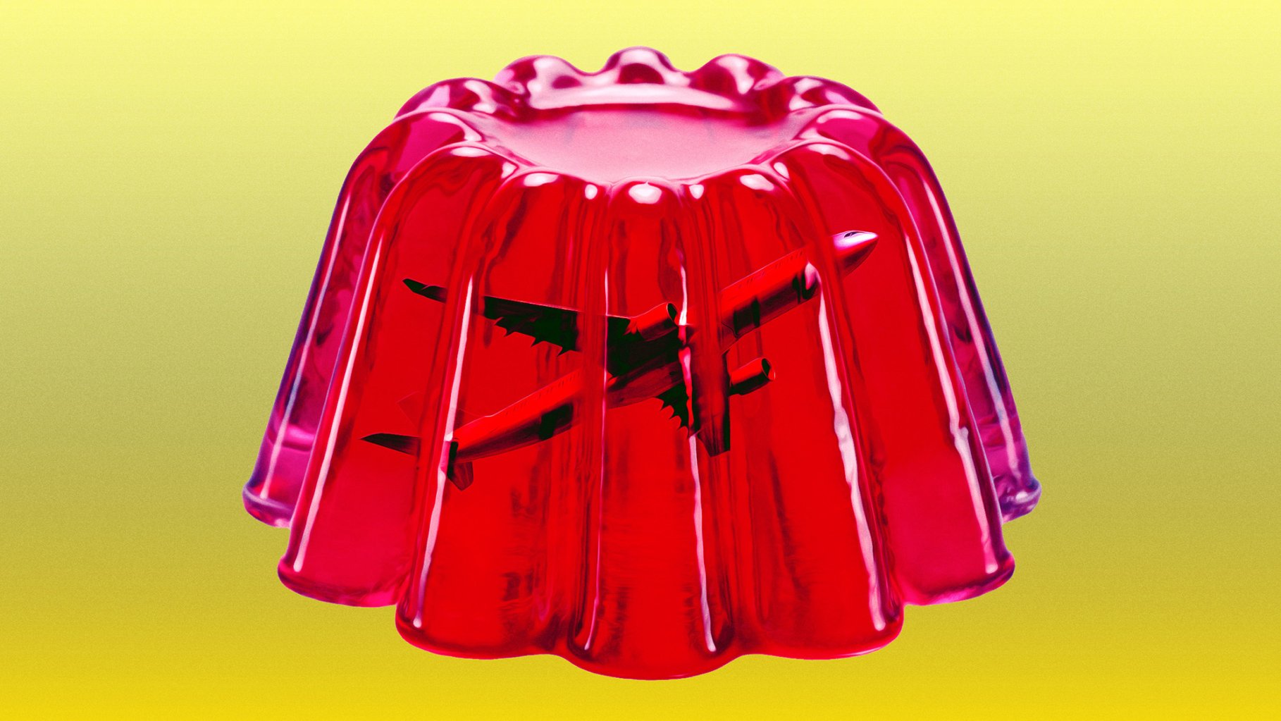 A vibrant, conceptual digital illustration of a translucent, bright red gelatin mold (Jell-O) against a gradient yellow background. Visible inside the gelatin is a small, dark silhouette of an airplane, suspended as if frozen in place, visually representing the metaphor of turbulence feeling like being stuck in Jello.
