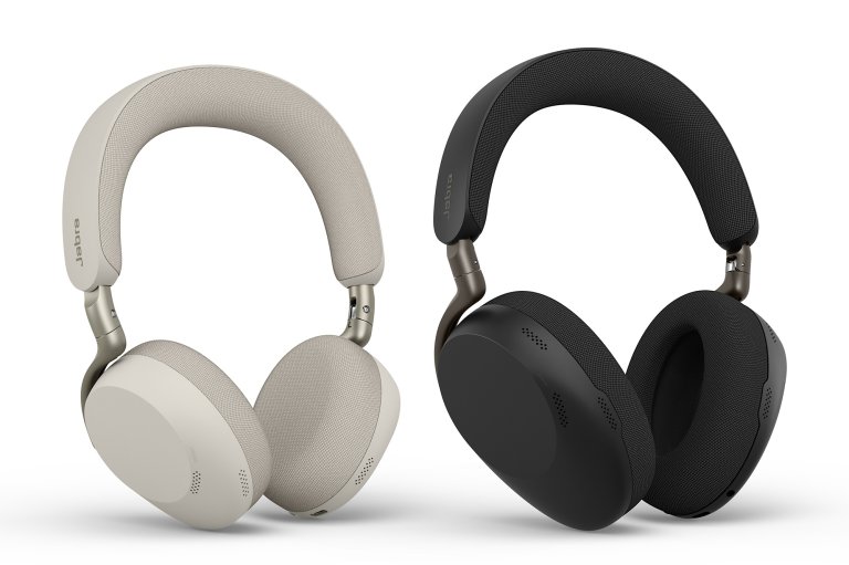 A Warm Grey Jabra Evolve3 75 and Black Evolve3 85 headset sitting next to each other on a white background
