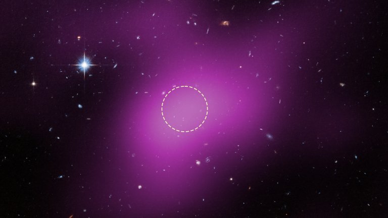 This image shows the location of Cloud-9, which is 2,000 light-years from Earth. The diffuse magenta is radio data from the ground-based Very Large Array (VLA) showing the presence of the cloud. The dashed circle marks the peak of radio emission,which is where researchers focused their search for stars. Follow-up observations by the NASA/ESA Hubble Space Telescope’s Advanced Camera for Surveys found no stars within the cloud. The few objects that appear within its boundaries are background galaxies. Before the Hubble observations, scientists could argue that Cloud-9 is a faint dwarf galaxy whose stars could not be seen with ground-based telescopes due to the lack of sensitivity. Hubble’s Advanced Camera for Surveys shows that, in reality, the failed galaxy contains no stars. [Image description: A region of space mostly filled with background galaxies, with one prominent star at upper left. A large blob of purple haze occupies much of the field. Within the purple region, an unremarkable area is outlined with a dashed white circle.]