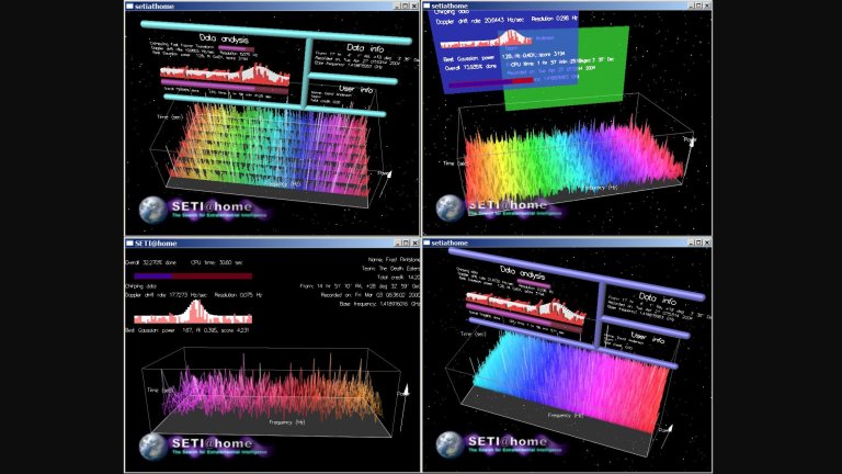 Four desktop homescreens showing SETI@home software running