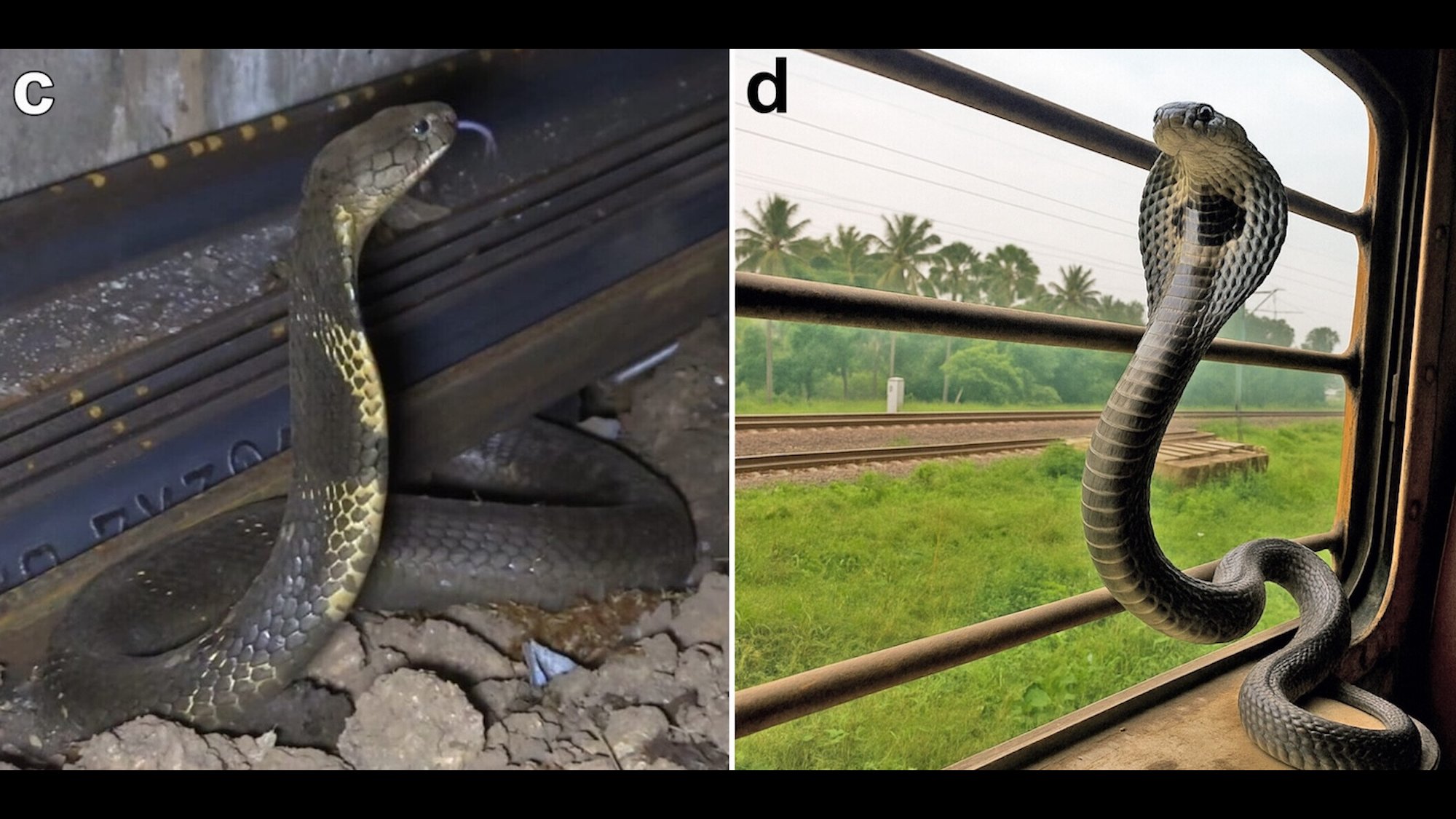 Two images of king cobras seen on or near trains in India