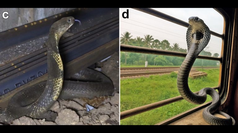 Two images of king cobras seen on or near trains in India