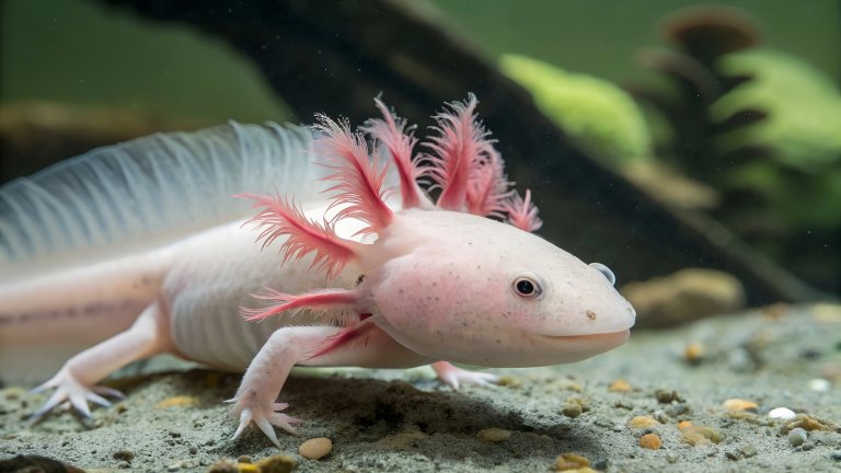 White axolotl seen underwater