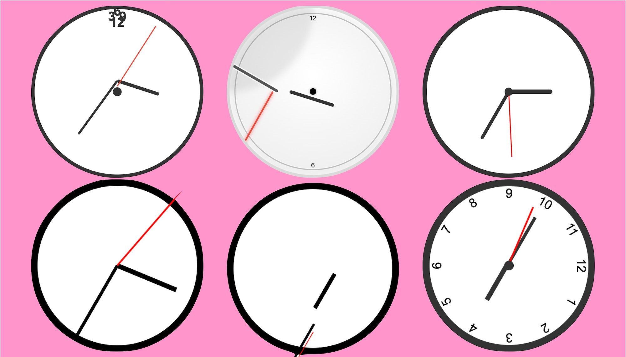 six clocks on a pink background