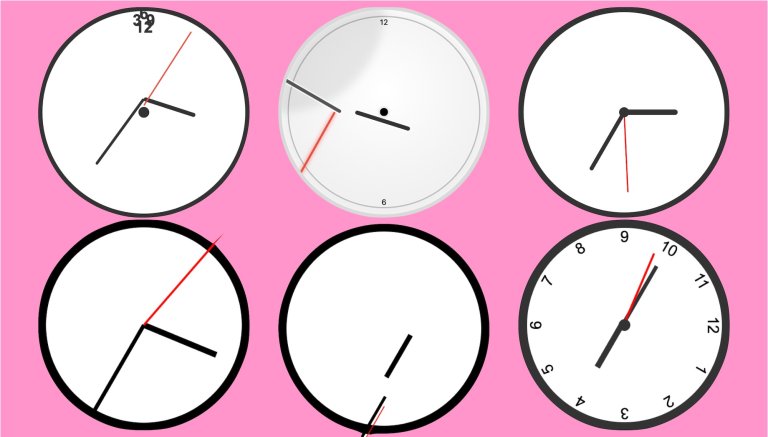 six clocks on a pink background