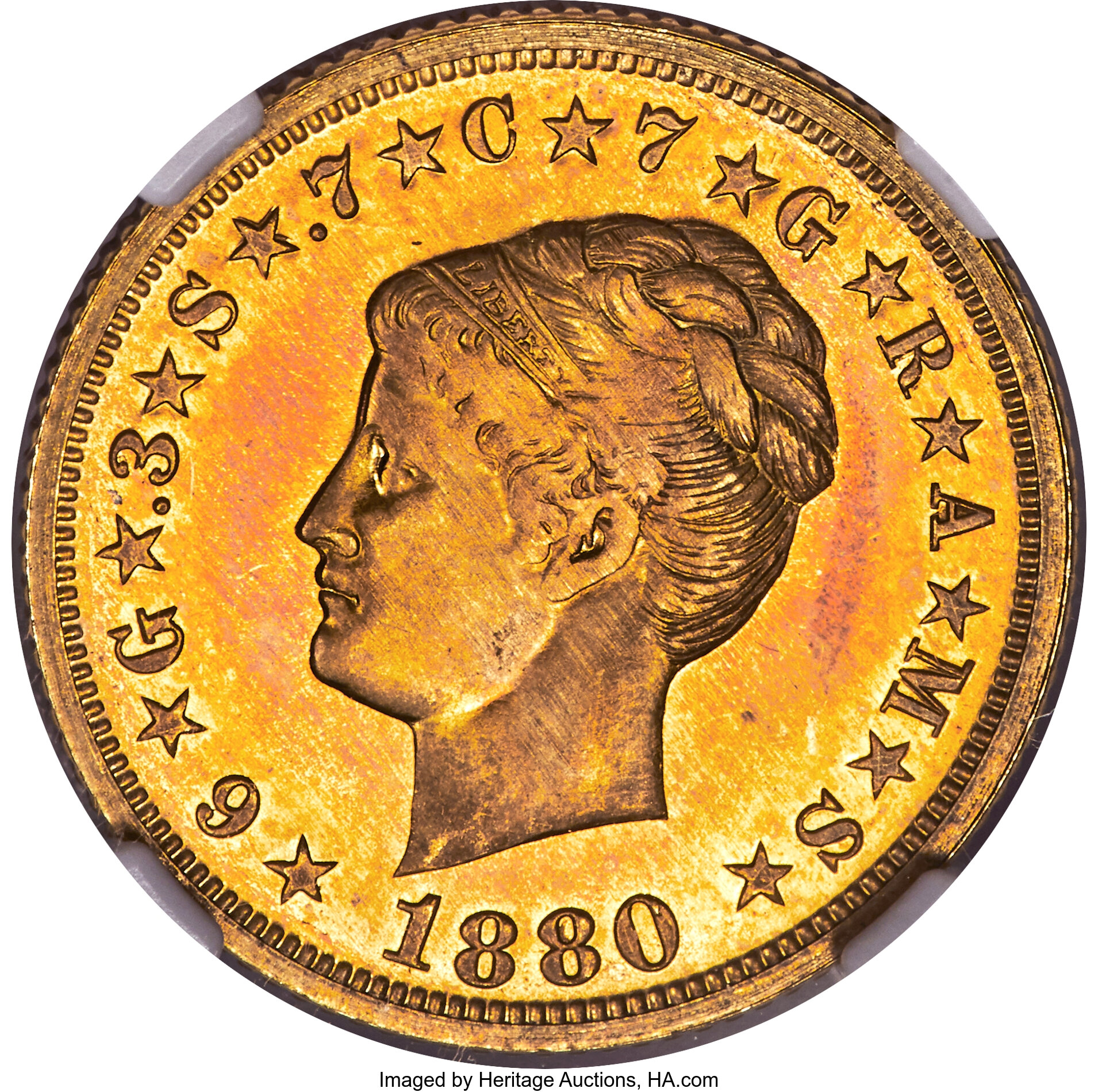 a four dollar cold coin minted in 1880. it features the profile of a woman with coiled hair