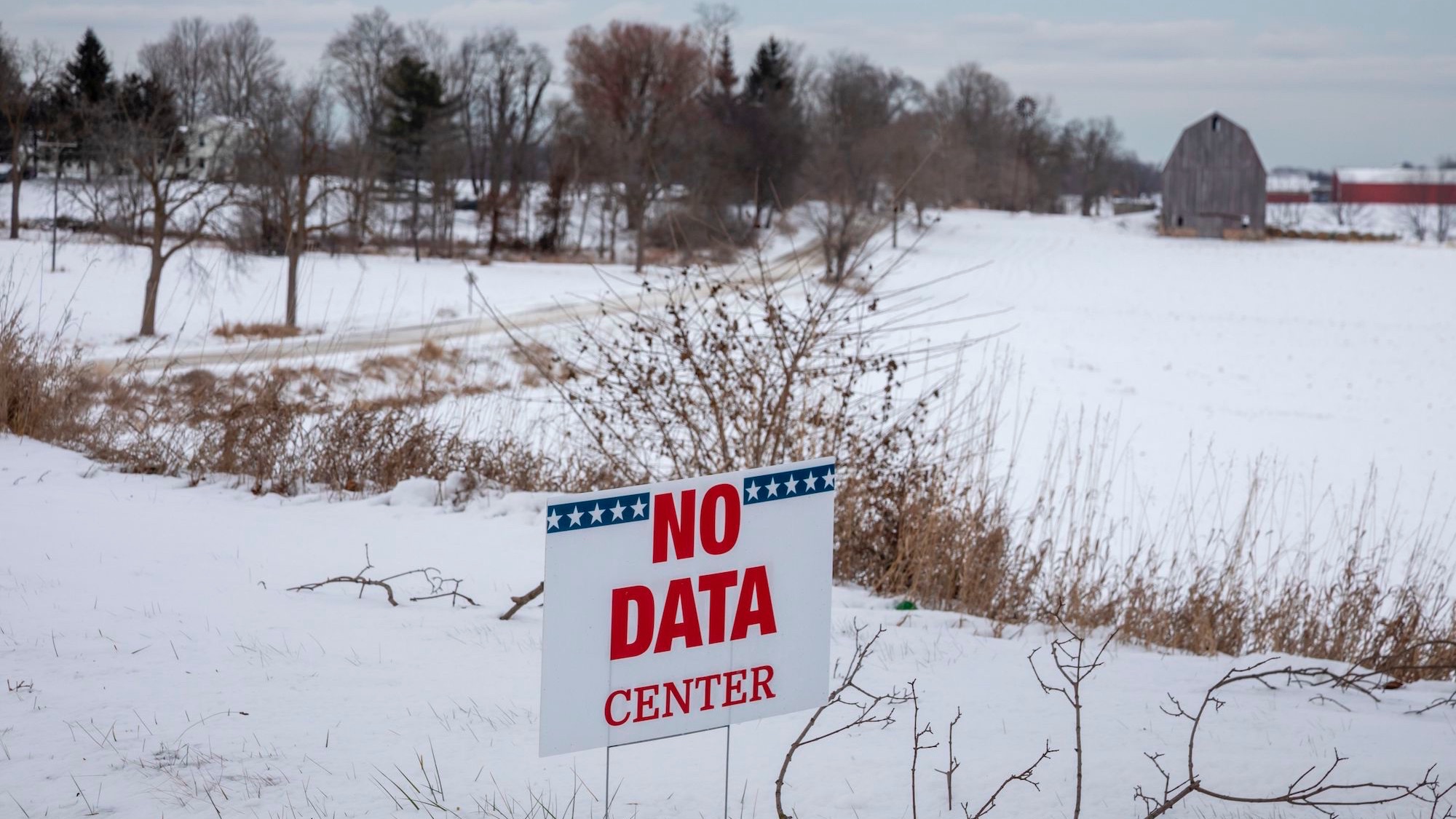 Saline, Michigan USA - 1 December 2025 - A sign on a rural Michigan road opposes a planned $7 billion data center on southeast Michigan farm land. Opponents say the Data Center could raise residential electricity rates and endanger the water supply.