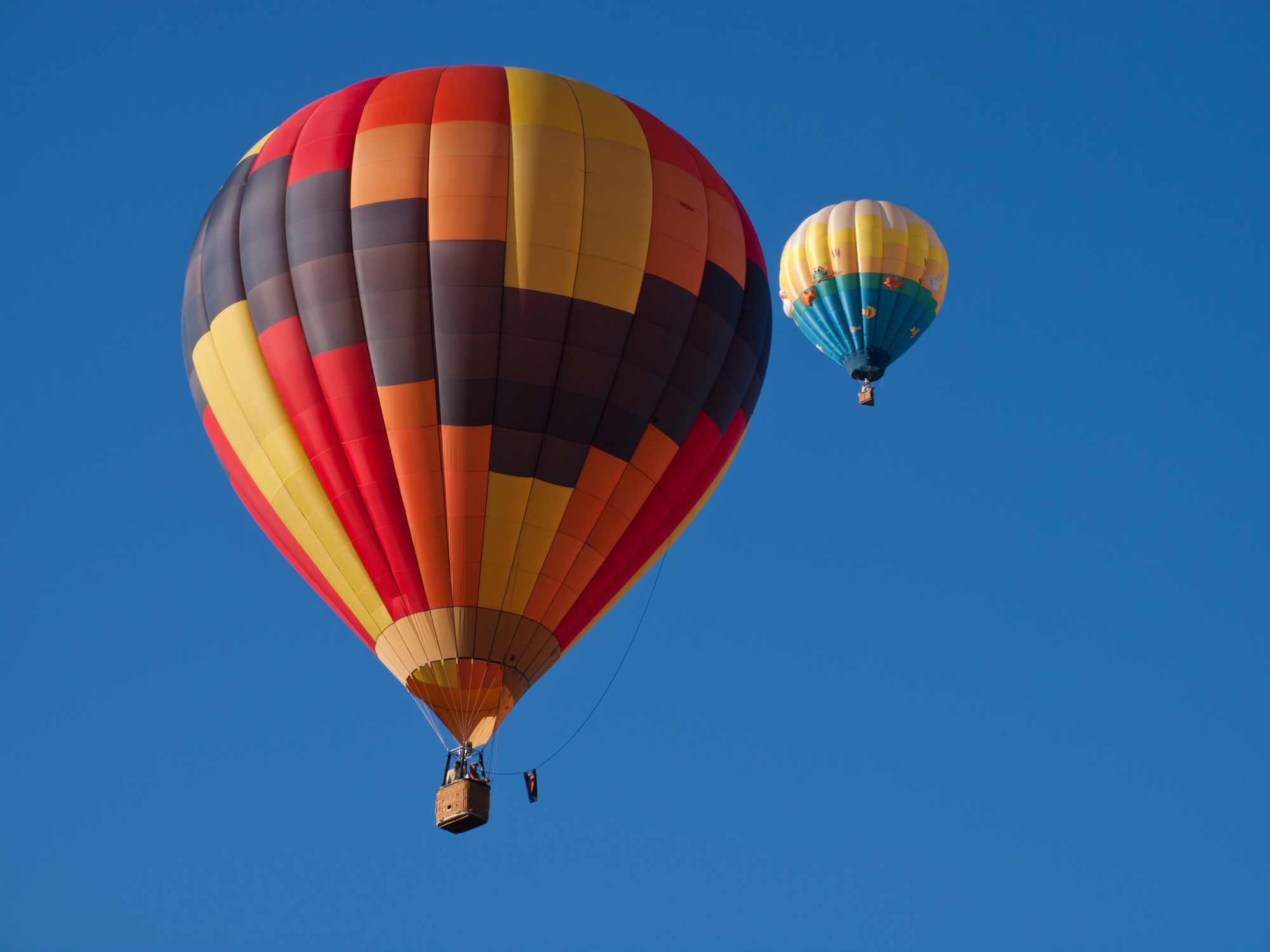 Two colorful hot air balloons aloft in a blue sky. One balloon is in the foreground and another, decorated with fish, is in the distance behind it.