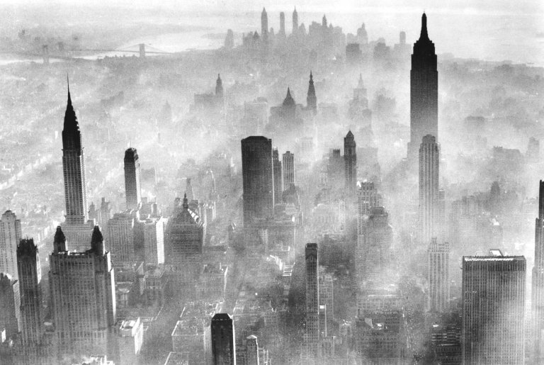 View of the city skyline partially obscured by smog, New York, mid-1930s to late 1940s. (Photo by PhotoQuest/Getty Images)