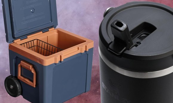Stanley cooler and tumbler on a space background