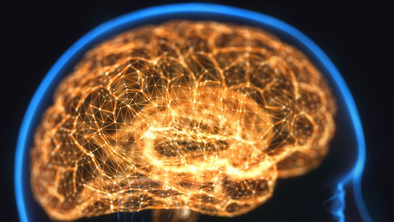 An x-ray image of the brain showing a blue outline of a person's upper skull and bright, glowing yellow brain.