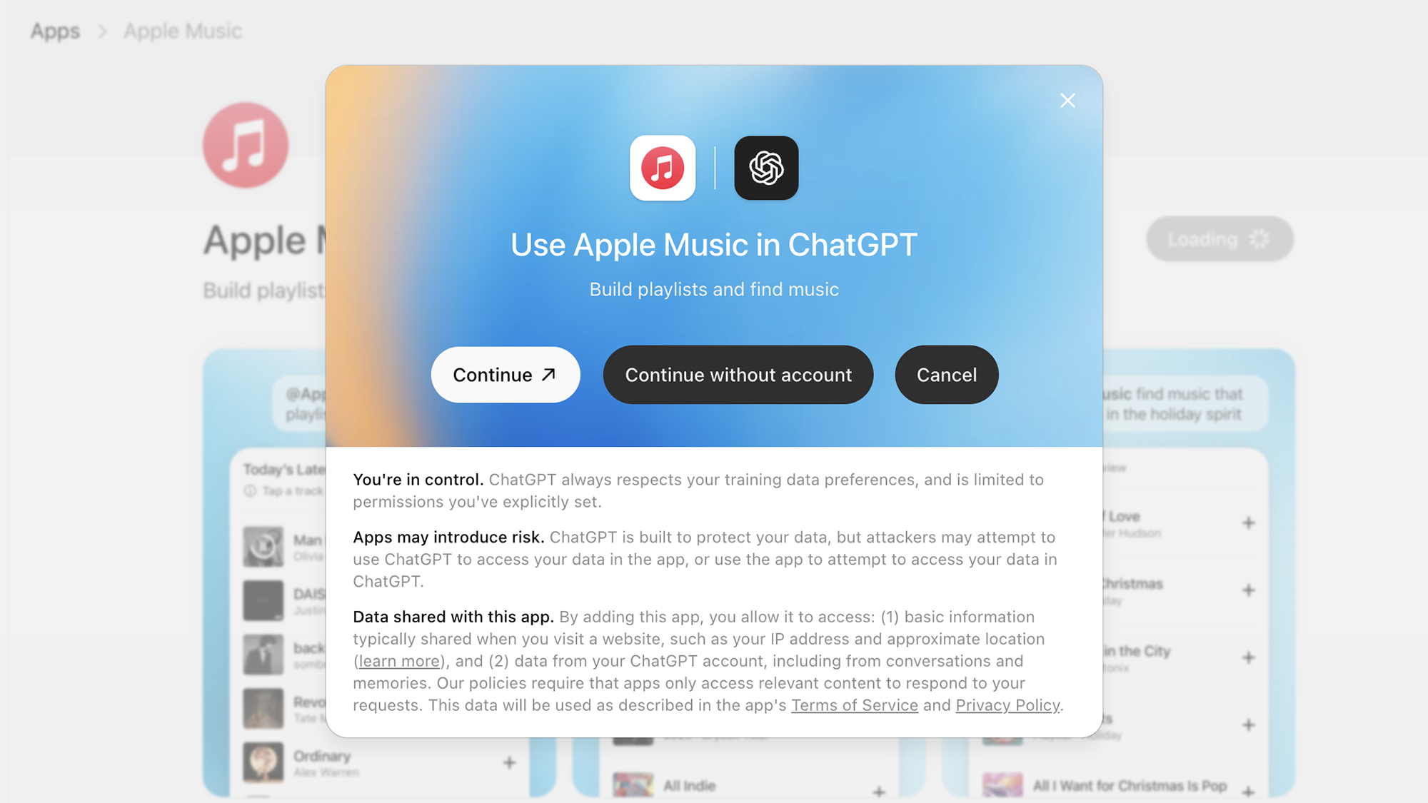 screenshot of connecting apple music to chatgpt