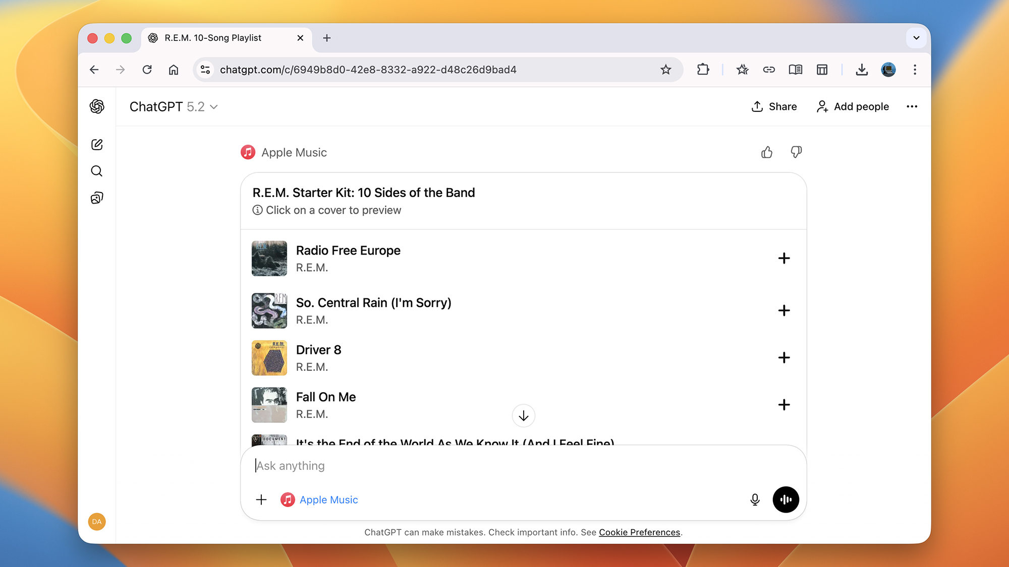 Screenshot of playlists in ChatGPT