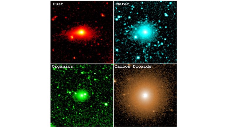 These observations by NASA’s SPHEREx show the infrared light emitted by the dust, water, organic molecules, and carbon dioxide contained within comet 3I/ATLAS’s coma during the mission’s December 2025 campaign.