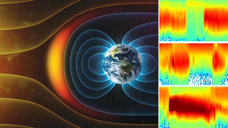 Left: An artist’s drawing of Earth’s magnetic field (blue lines) interacting with the Sun’s charged particles (yellow lines). The Earth’s magnetosphere (orange crescent) is created by Earth’s magnetic field. It deflects those particles like an umbrella. Right: NASA MMS mission observations like those volunteers would see while participating in the Space Umbrella project.